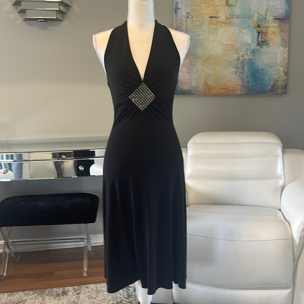 Vintage Beautiful Black With Bling Halter Dress Ruching V-Neck Size Small